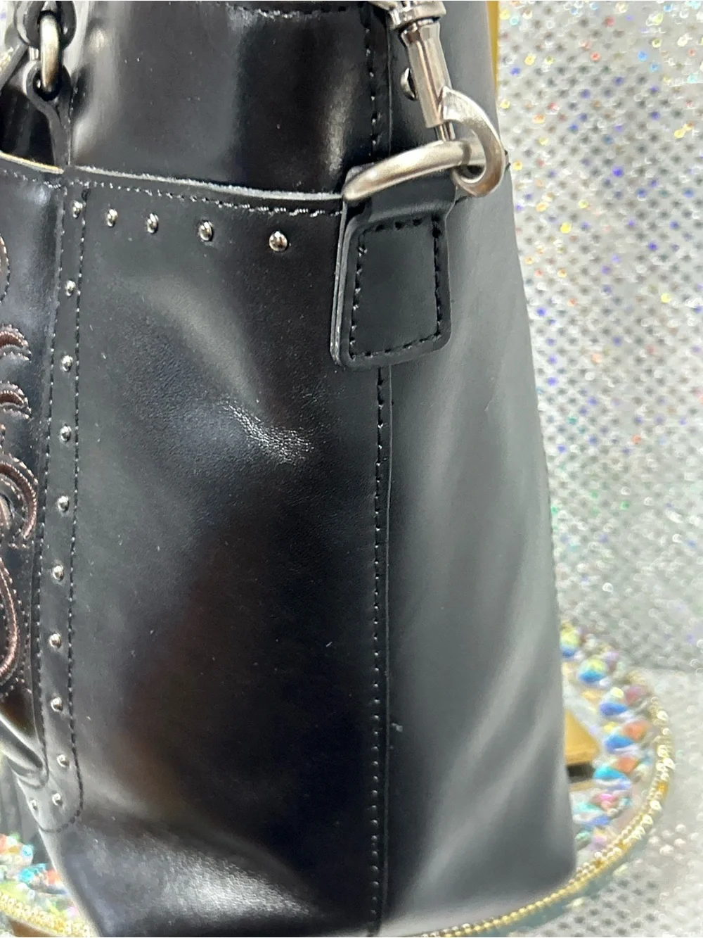 Patricia Nash Black Leather Embroidered Noto Tote Bag